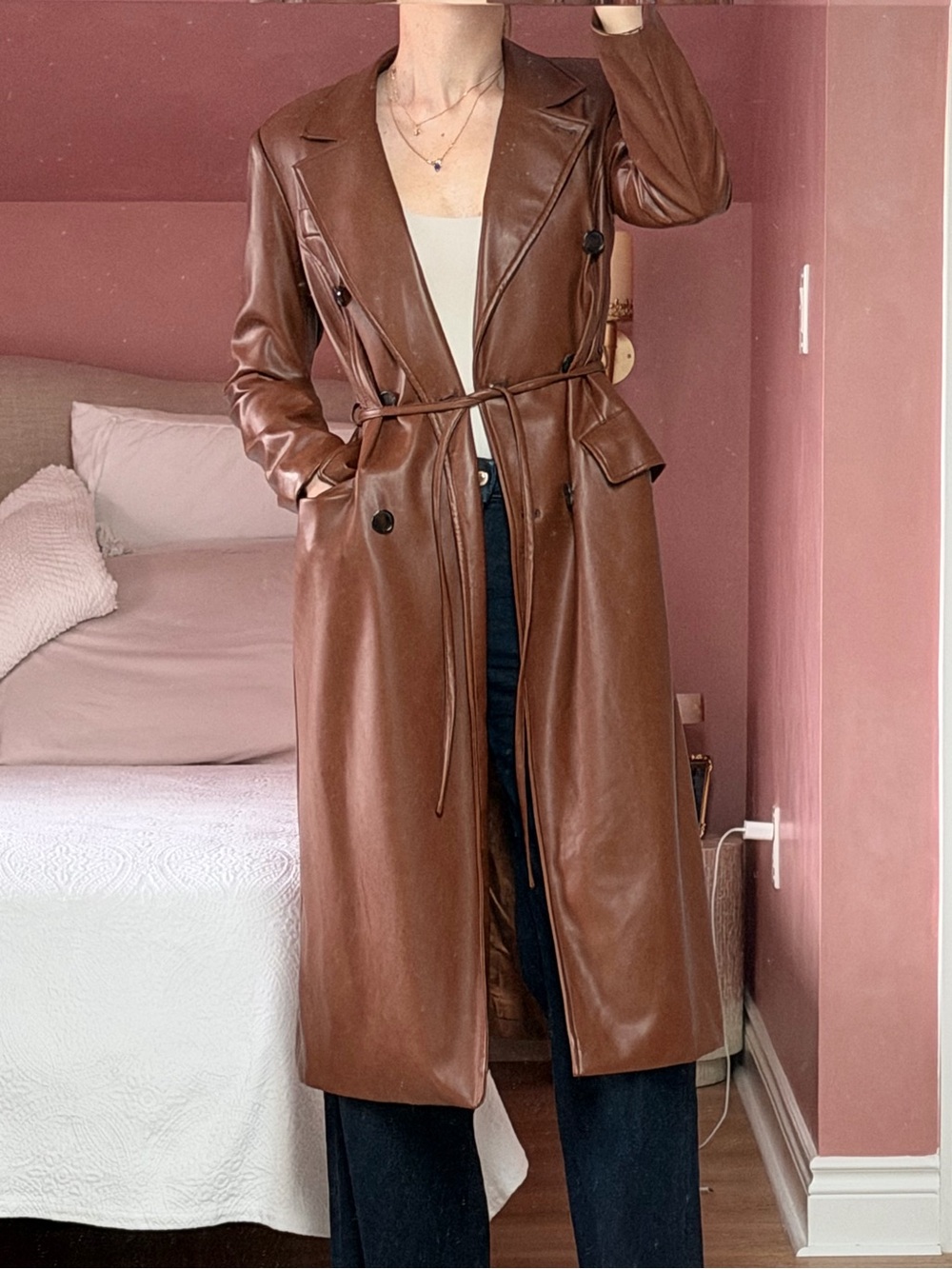 Avec Les Filles Brown Faux Leather Double-Breasted Trench Coat
